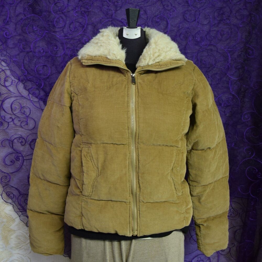 Y2K BB Dakota Corduroy Puffer Coat Sz Med Cotton Ramie Faux Sherpa Collar Yoked